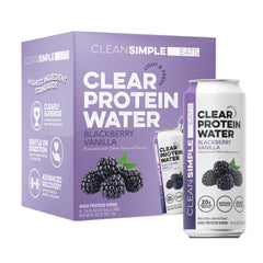 Clean Simple Eats front can showing blackberry vanilla flavor and protein amount