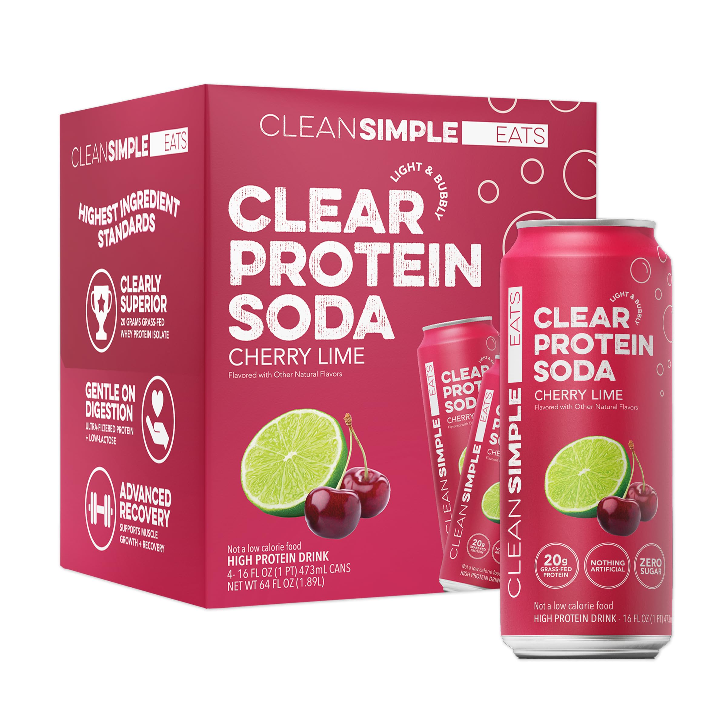 Clean Simple Eats front packaging showing Cherry Lime cans and nutritional benefit