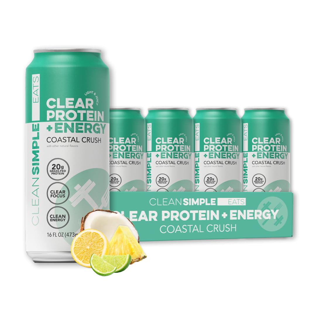 Clean Simple Eats front can showing Coastal Crush label and 20g protein benefit