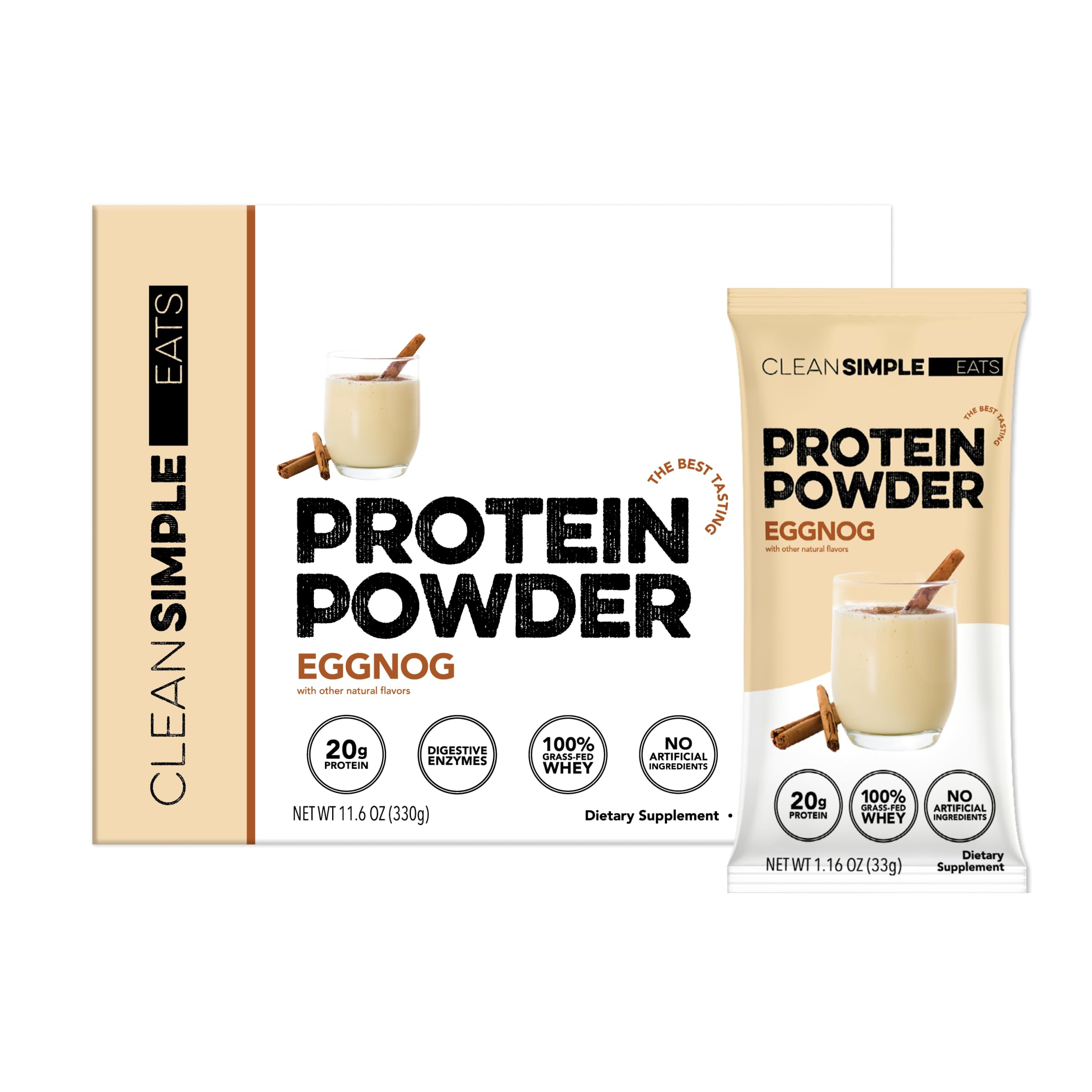 Clean Simple Eats front packet showing eggnog flavor and single‑serve benefit