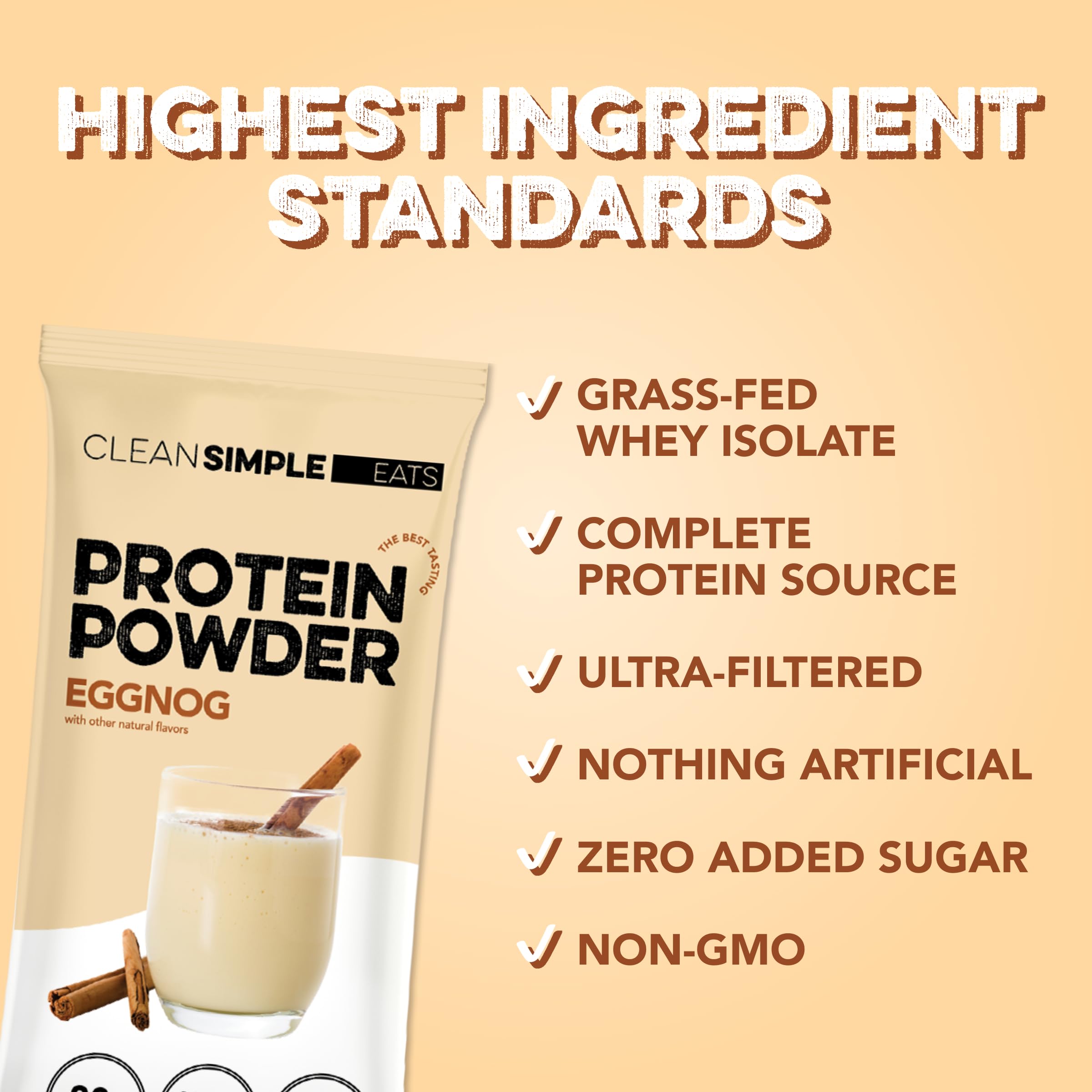 Clean Simple Eats eggnog protein shake in glass demonstrating creamy blendability