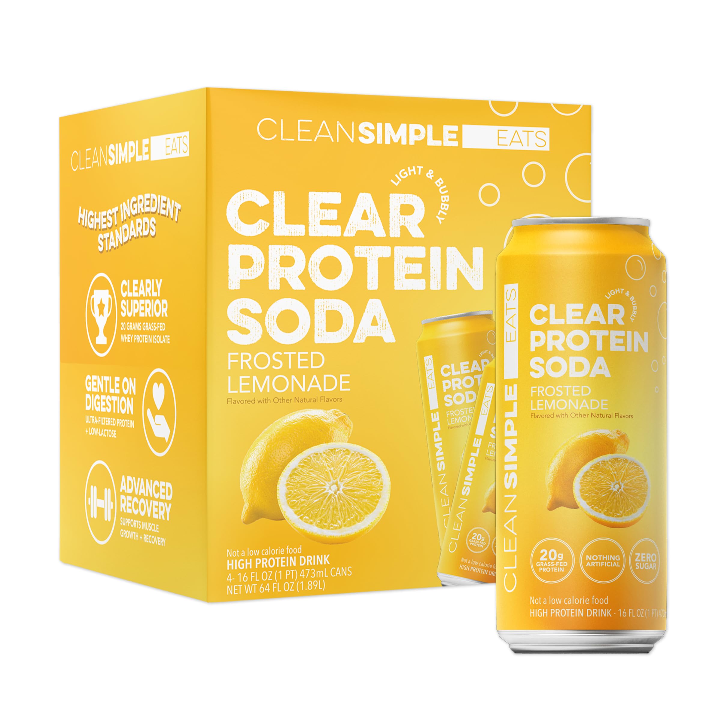 Clean Simple Eats front can showing Frosted Lemonade and 20g protein benefit