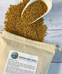 CLEAR CREEK bowl of cooked wheat berries on spoon offering ready-to-eat grain option