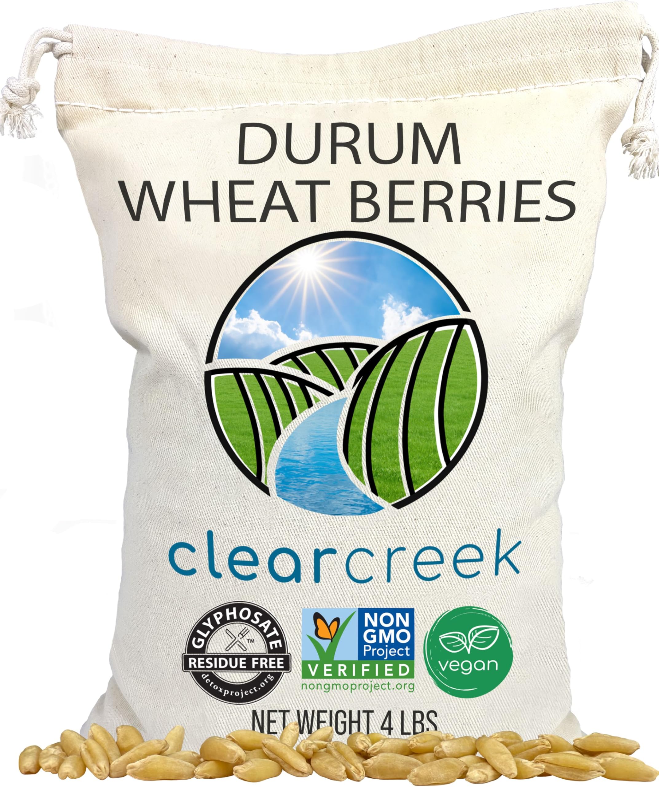 CLEAR CREEK front packaging view showing 4 lb durum wheat berries and benefits
