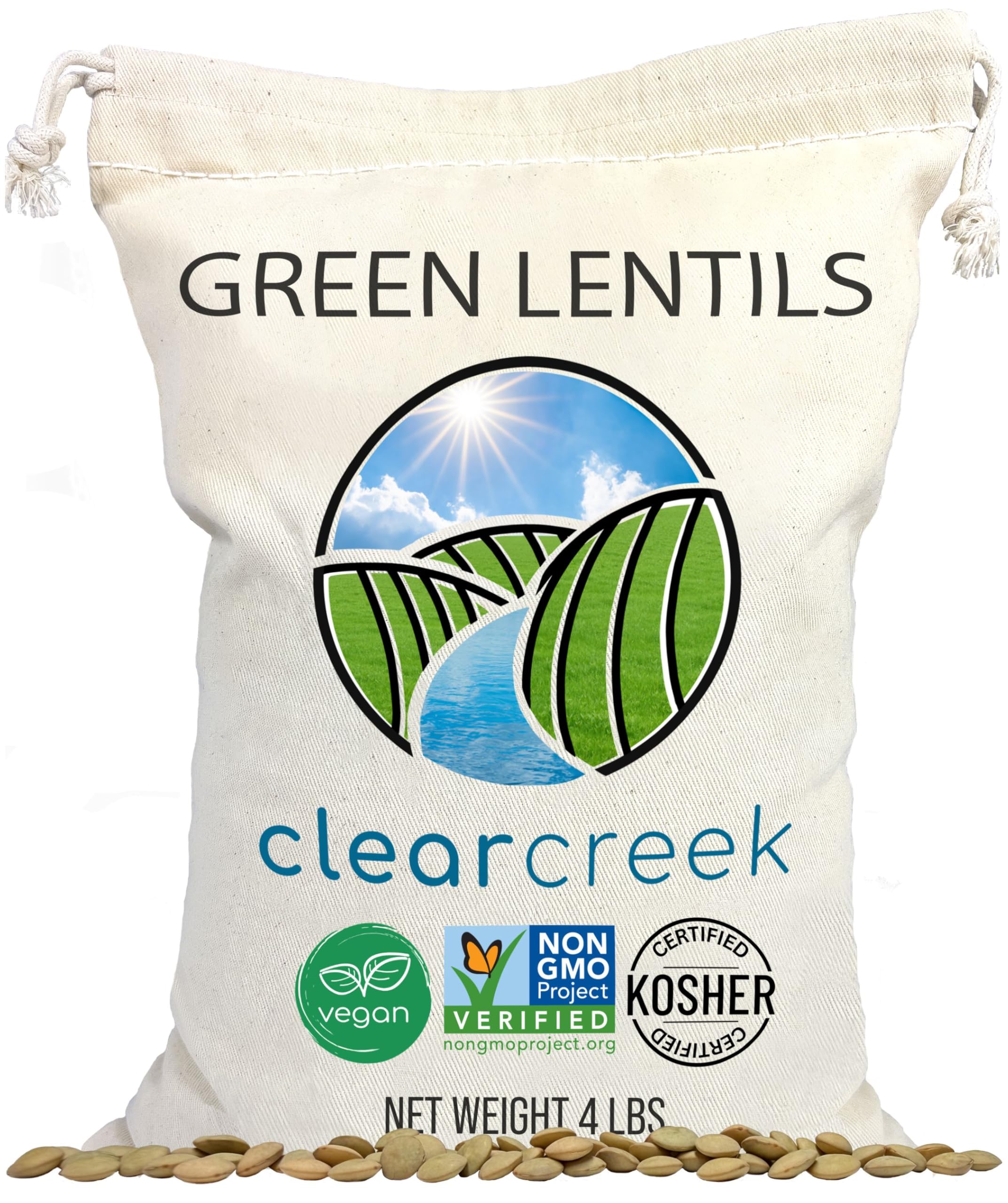CLEAR CREEK front packaging of 4 lb green lentils showing brand and size, convenient bulk supply