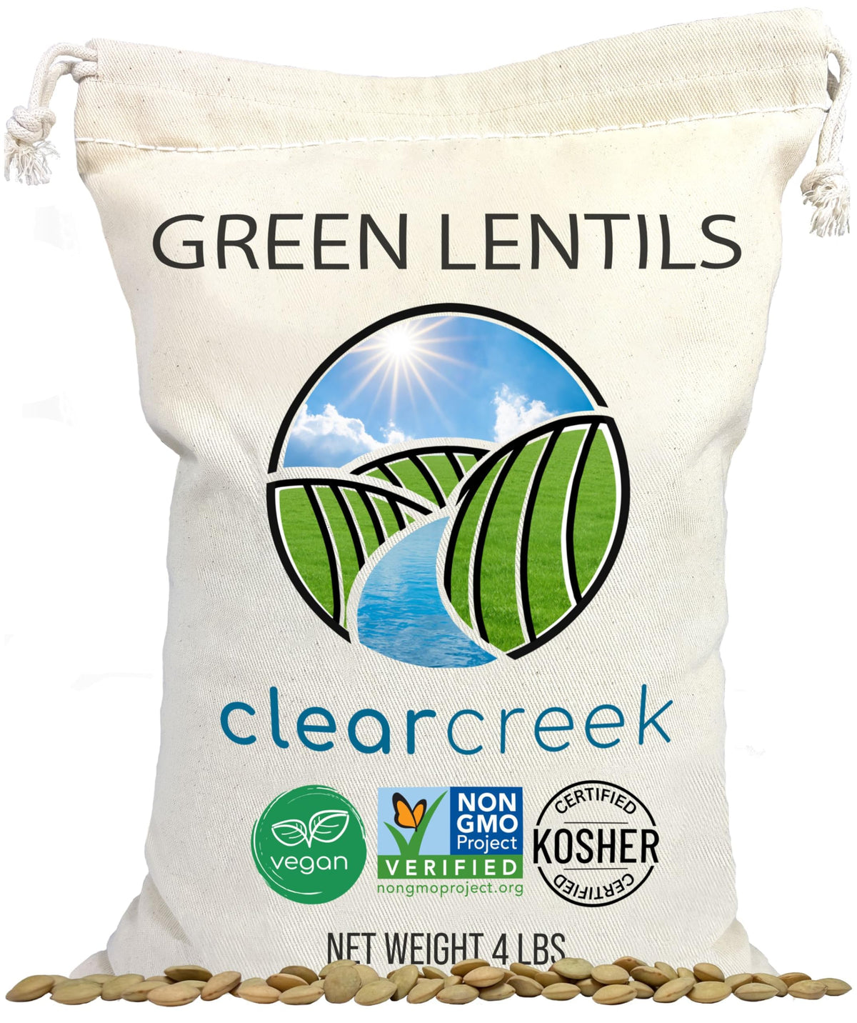 CLEAR CREEK front packaging of 4 lb green lentils showing brand and size, convenient bulk supply