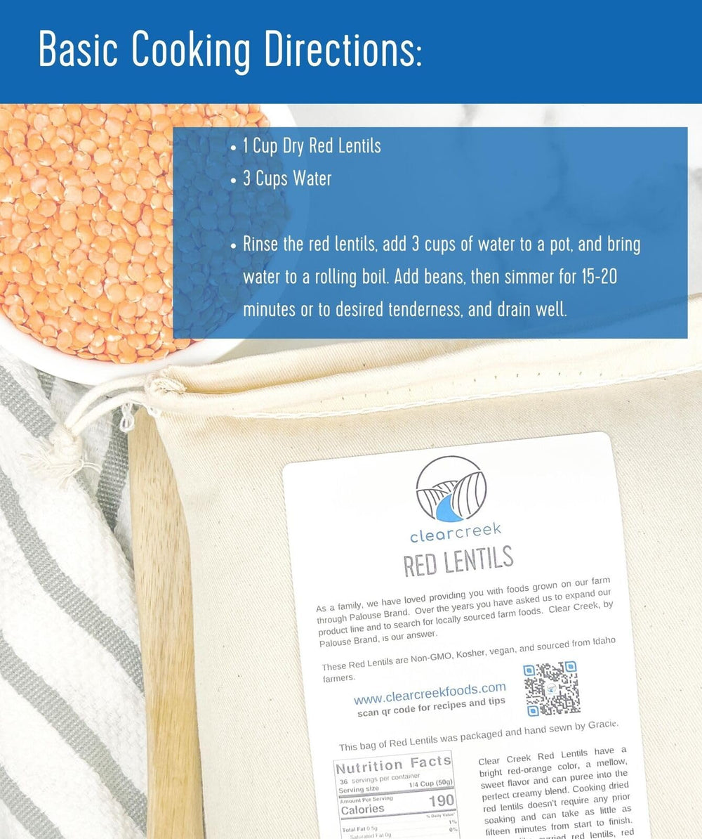 CLEAR CREEK bulk lentils pouring from bag showing easy portioning advantage