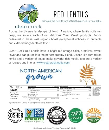 CLEAR CREEK lentils on measuring cup showing portion guidance and yield