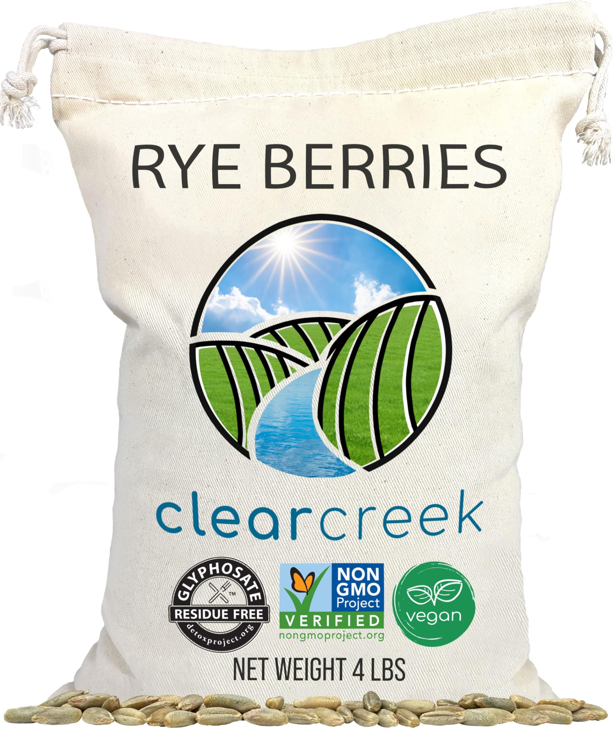 CLEAR CREEK front packaging of 4 lb rye berries showing certified label benefit