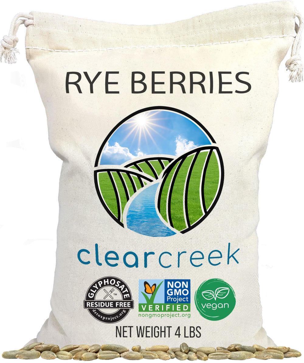 CLEAR CREEK front packaging of 4 lb rye berries showing certified label benefit