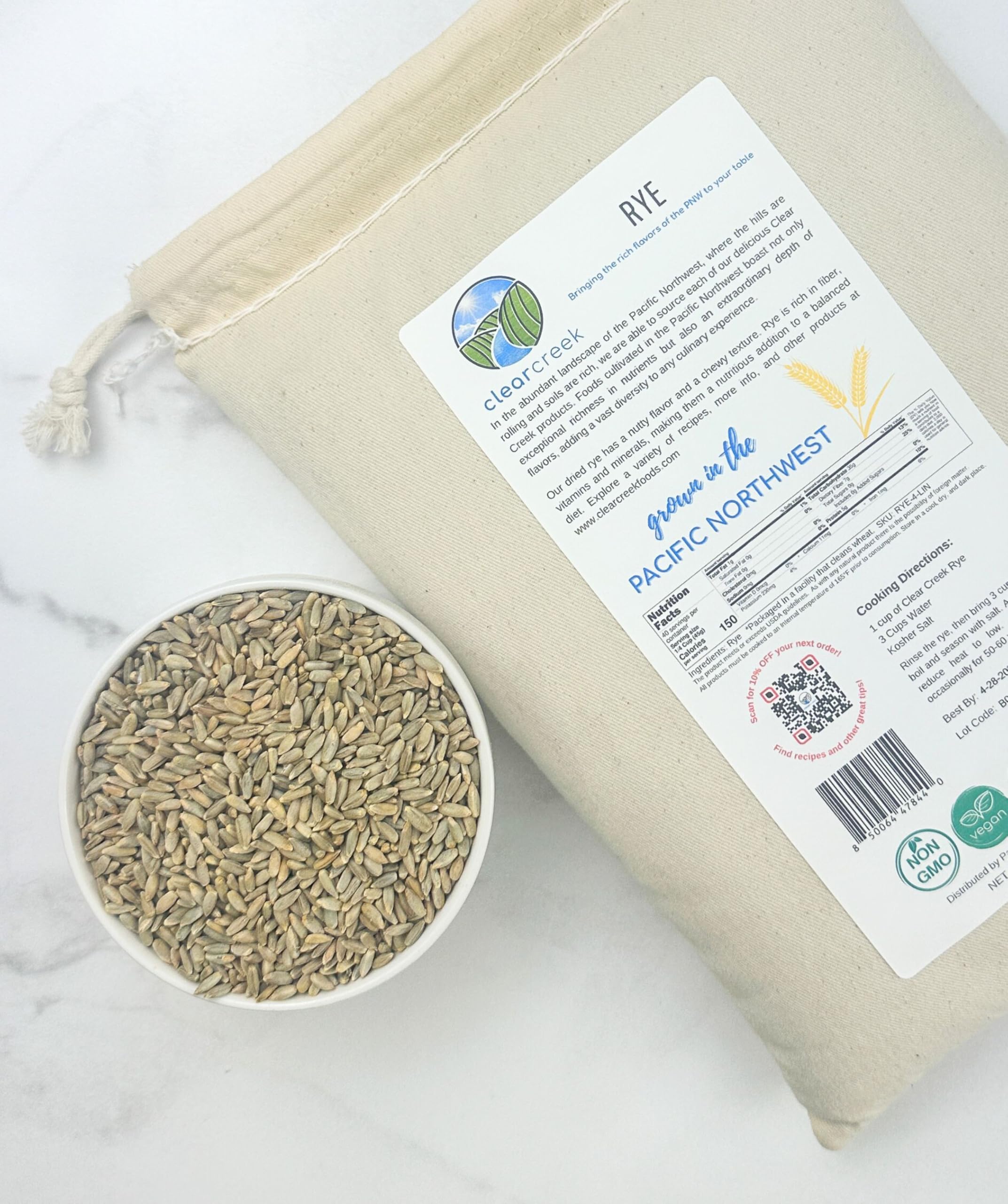 CLEAR CREEK rye berries in a bowl on a kitchen counter showing meal-ready convenience