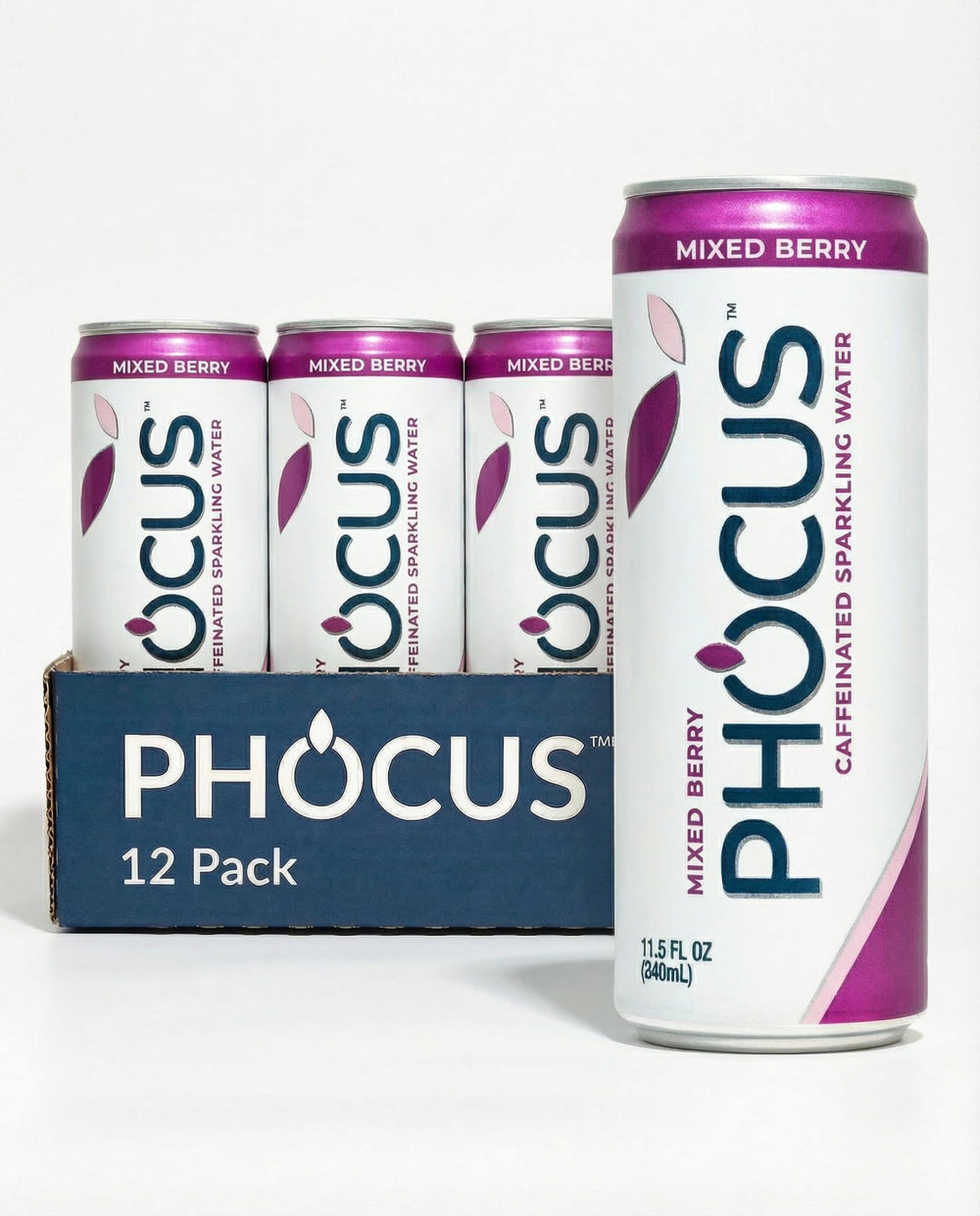 CLEAR CUT PHOCUS front pack of 12 mixed berry cans showing clean energy benefits