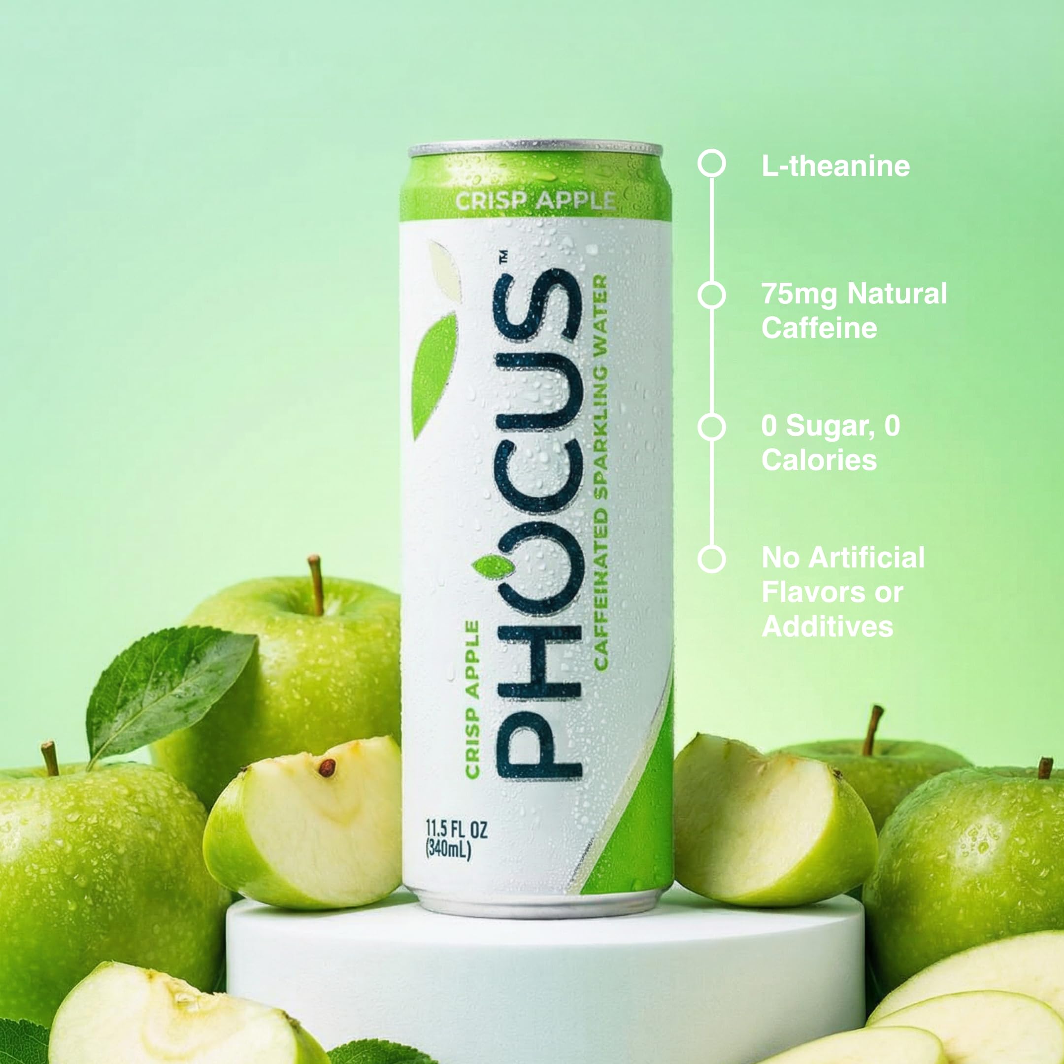 CLEAR CUT PHOCUS poured glass with bubbles beside can, illustrates crisp carbonation and better focus
