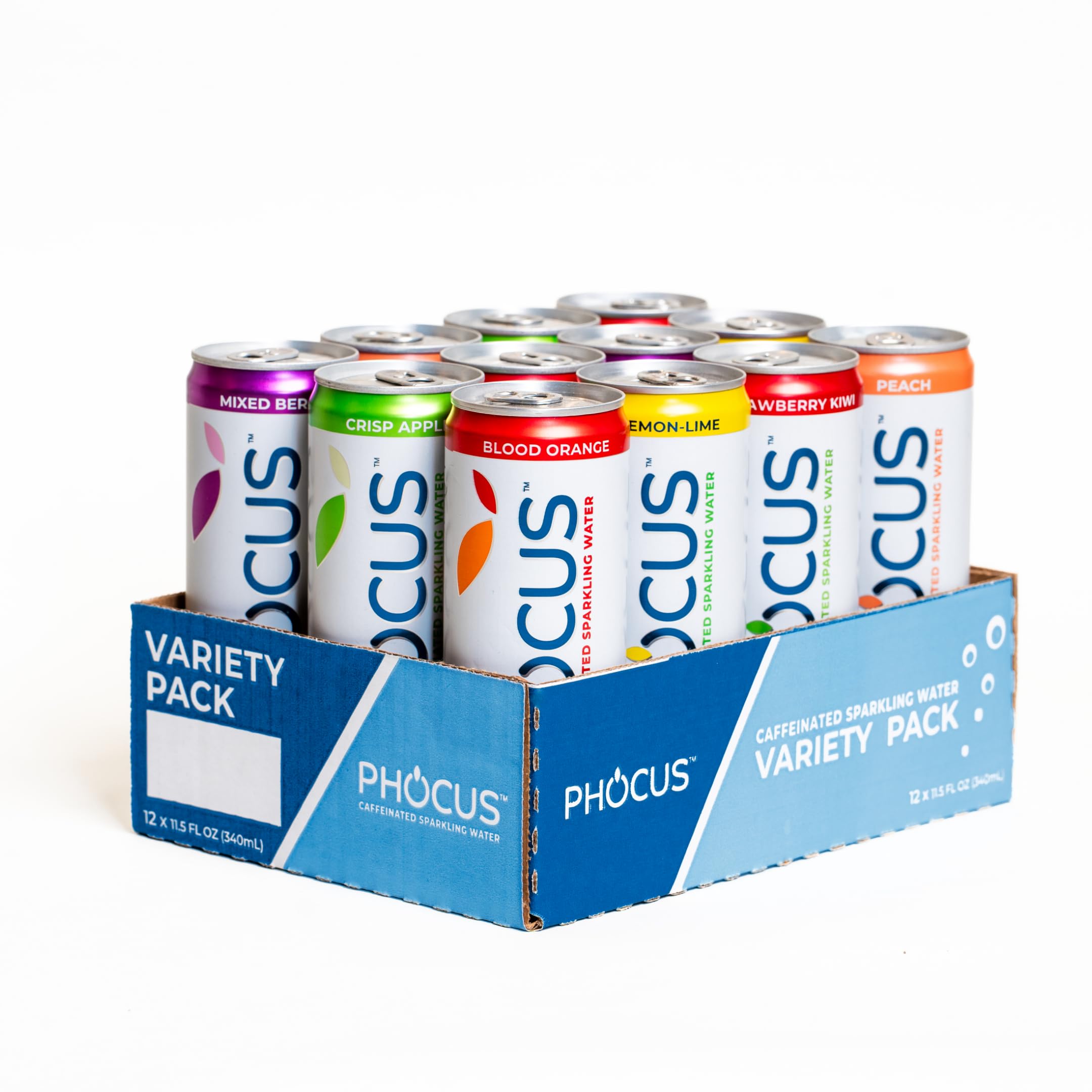 CLEAR CUT PHOCUS variety pack front view showing six flavored cans and branding, convenient storage benefit