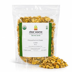 Clear Source front packaging showing organic chrysanthemum flowers and certification benefits