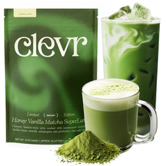 Clevr front packaging of honey vanilla matcha latte mix showing serving count and benefits