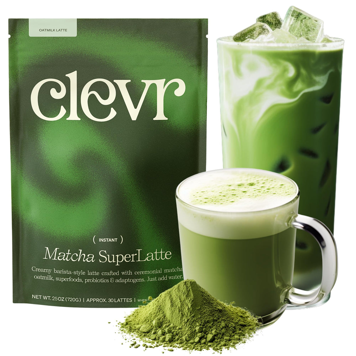 Clevr matcha front packaging showing 30 servings and benefits