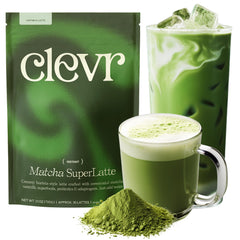 Clevr matcha front packaging showing 30 servings and benefits