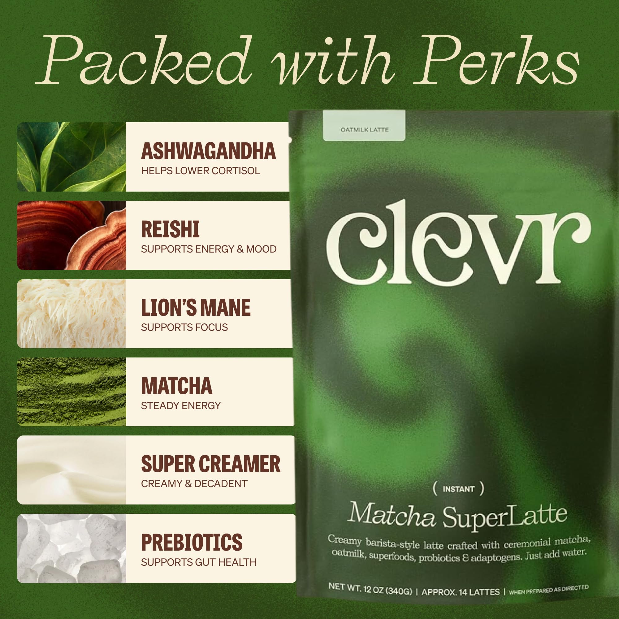 Wooden spoon with a serving of Clevr matcha illustrating easy scoop and portion control