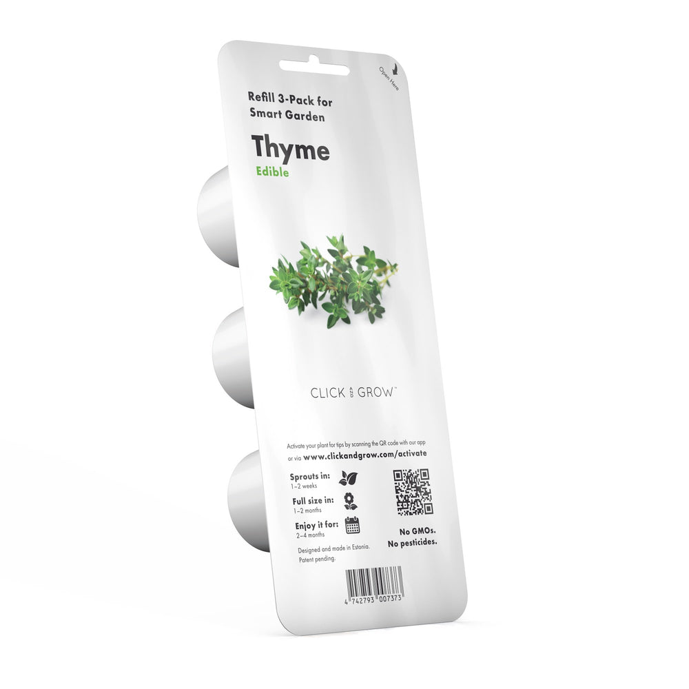 Click and Grow front packaging showing three thyme plant pods and brand benefits