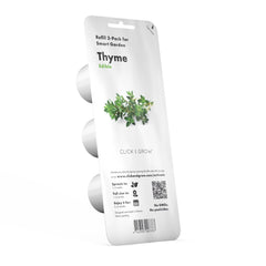 Click and Grow front packaging showing three thyme plant pods and brand benefits