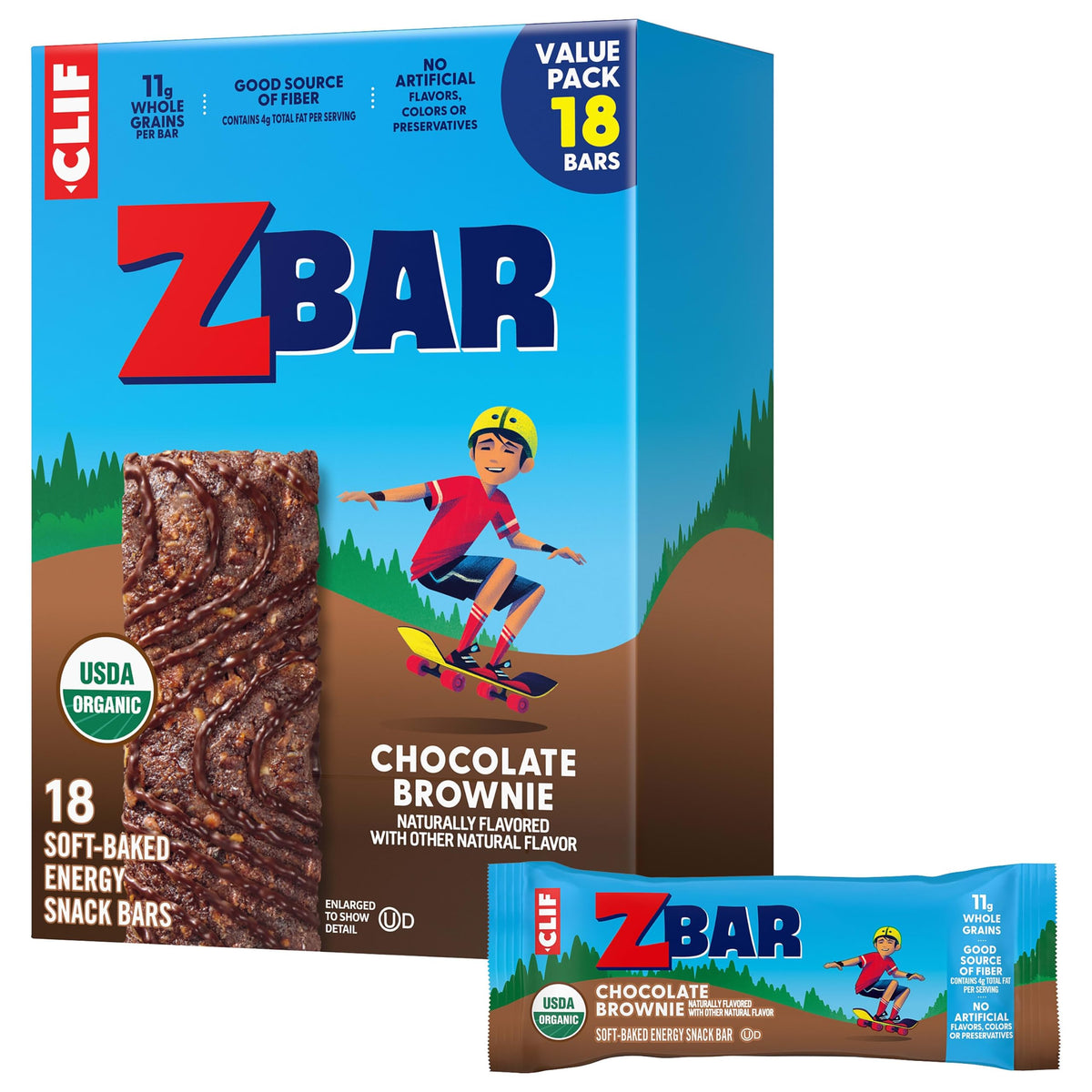 Clif Kid Zbar front packaging showing organic brownie bars and count