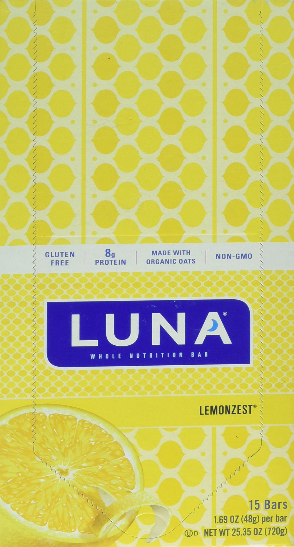 Clif Luna Bar front packaging showing lemon zest flavor and 15-count convenience