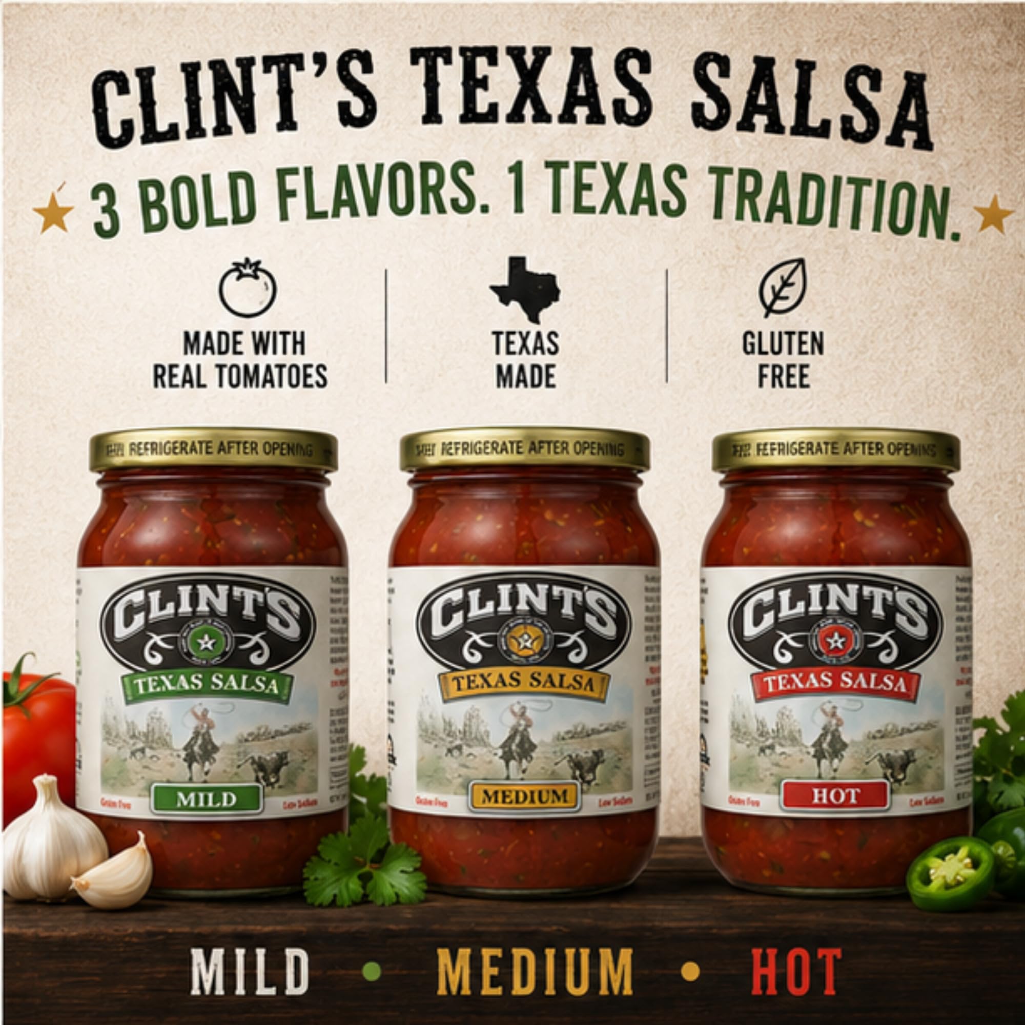 Clint's jar close-up shows chunky salsa texture for scoopability