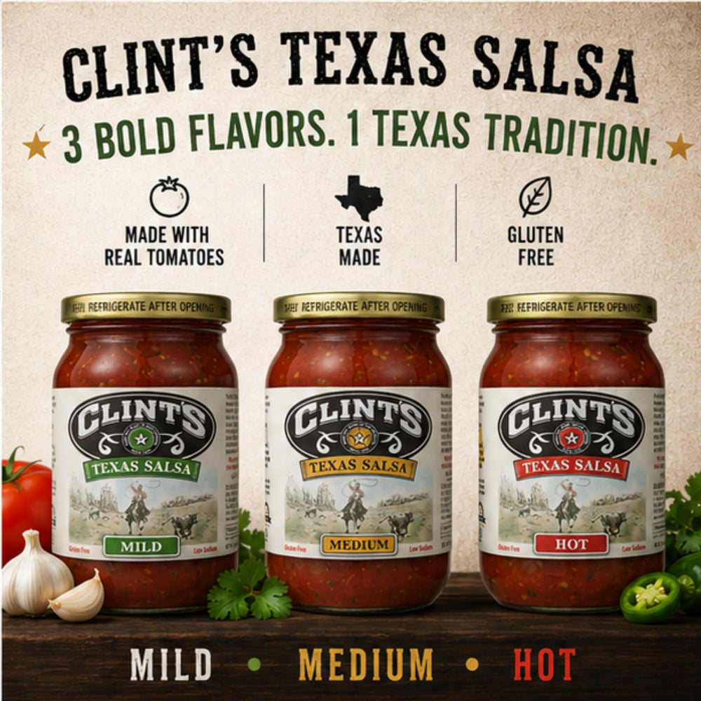 Clint's jar close-up shows chunky salsa texture for scoopability