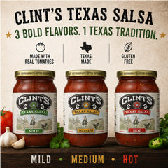 Clint's jar close-up shows chunky salsa texture for scoopability