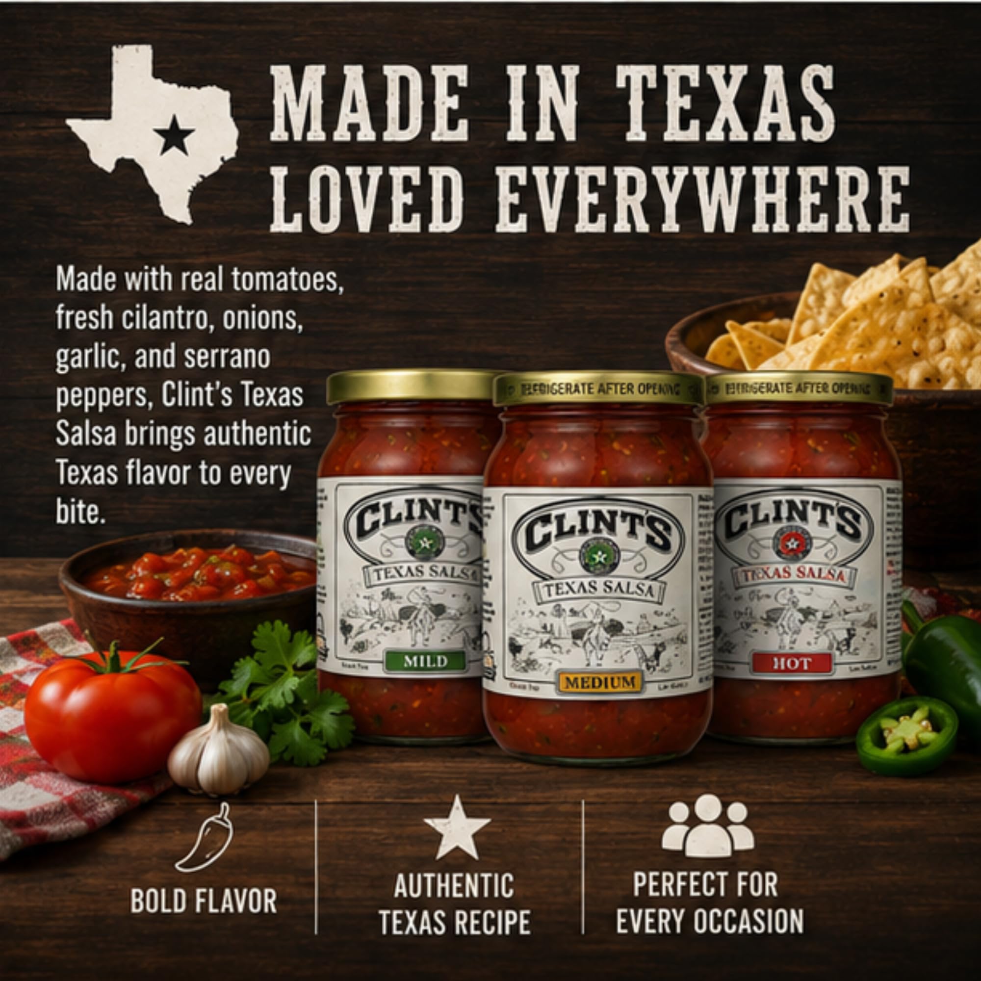 Clint's salsa served on tortilla chips for easy party appeal