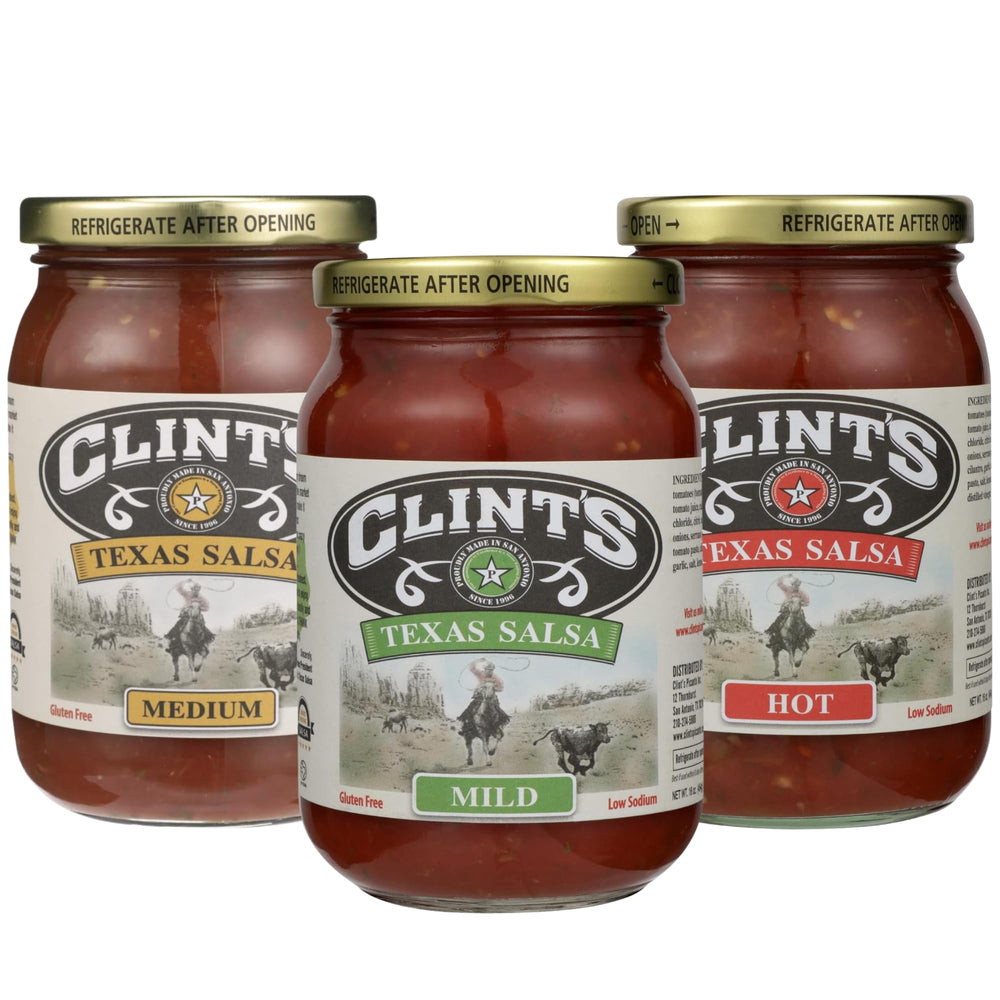Clint's front packaging showing three 16oz jars and convenience