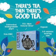 Clipper tea bag close-up showing unbleached bag texture and natural plant-based benefit