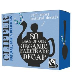 Clipper Tea front packaging showing 80 bags and organic Fairtrade benefits
