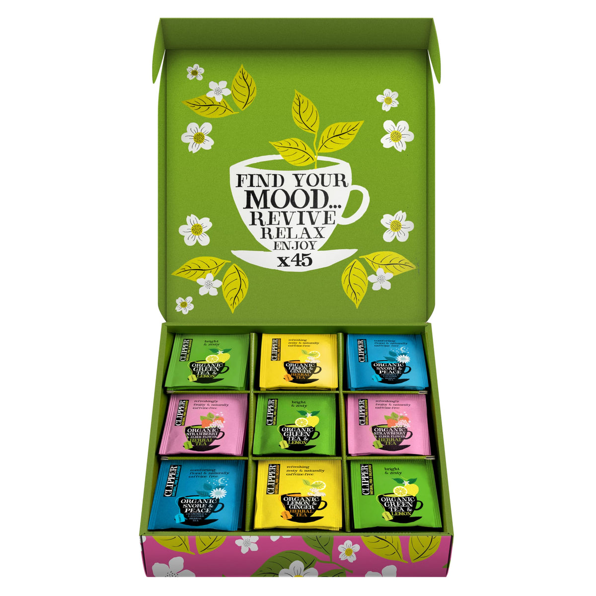 Clipper sampler box front view showing 45 tea bags and brand packaging benefit freshness