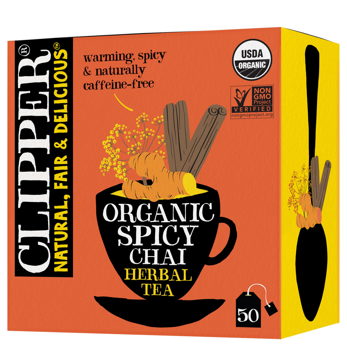 Clipper Spicy Chai front packaging showing organic Fairtrade branding and benefits