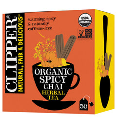Clipper Spicy Chai front packaging showing organic Fairtrade branding and benefits