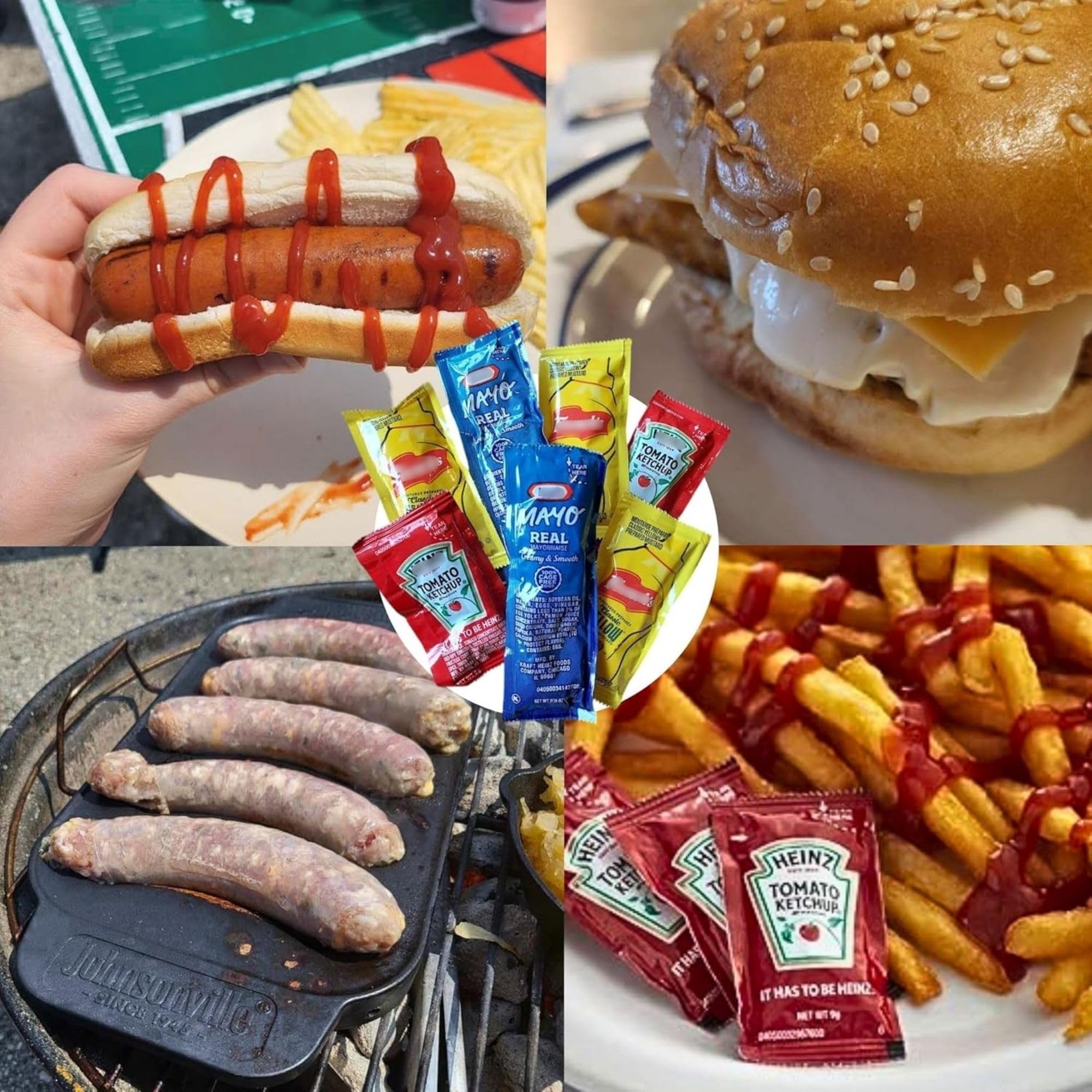 CMC Products packets on picnic table with burgers showing easy outdoor serving