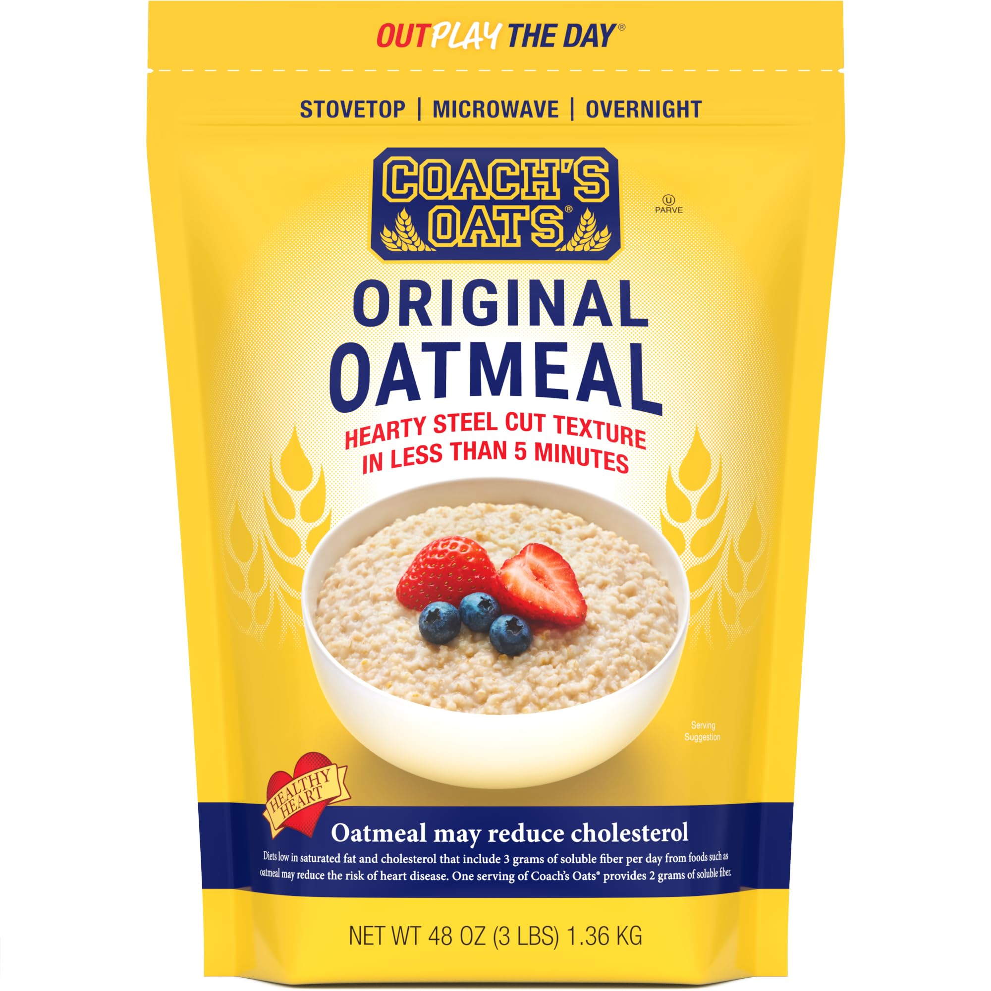Coach's Oats front packaging showing 48 oz bag and label benefits