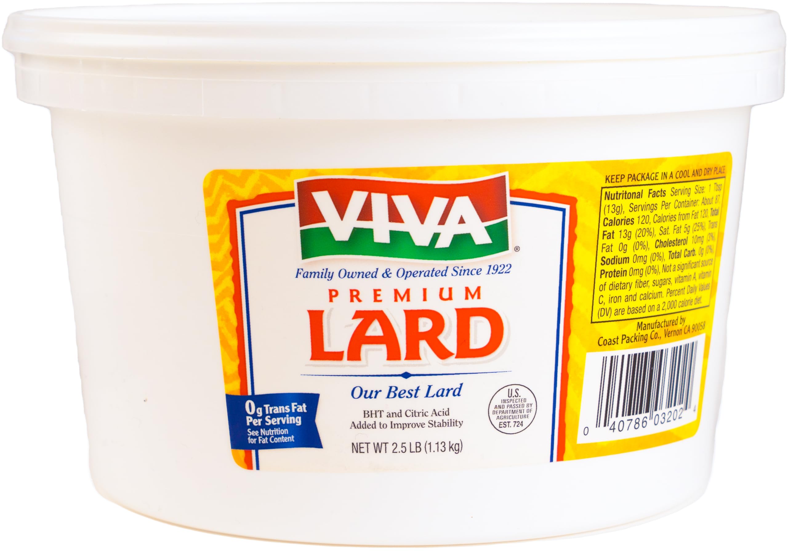 Coast Packing Co VIVA lard front packaging shows brand and 2.5 lb weight benefit