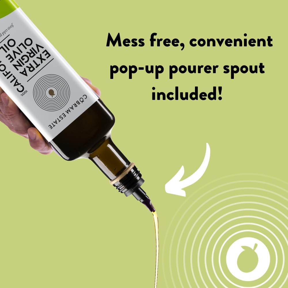 angled view of Cobram Estate bottle highlighting label and premium bottle design