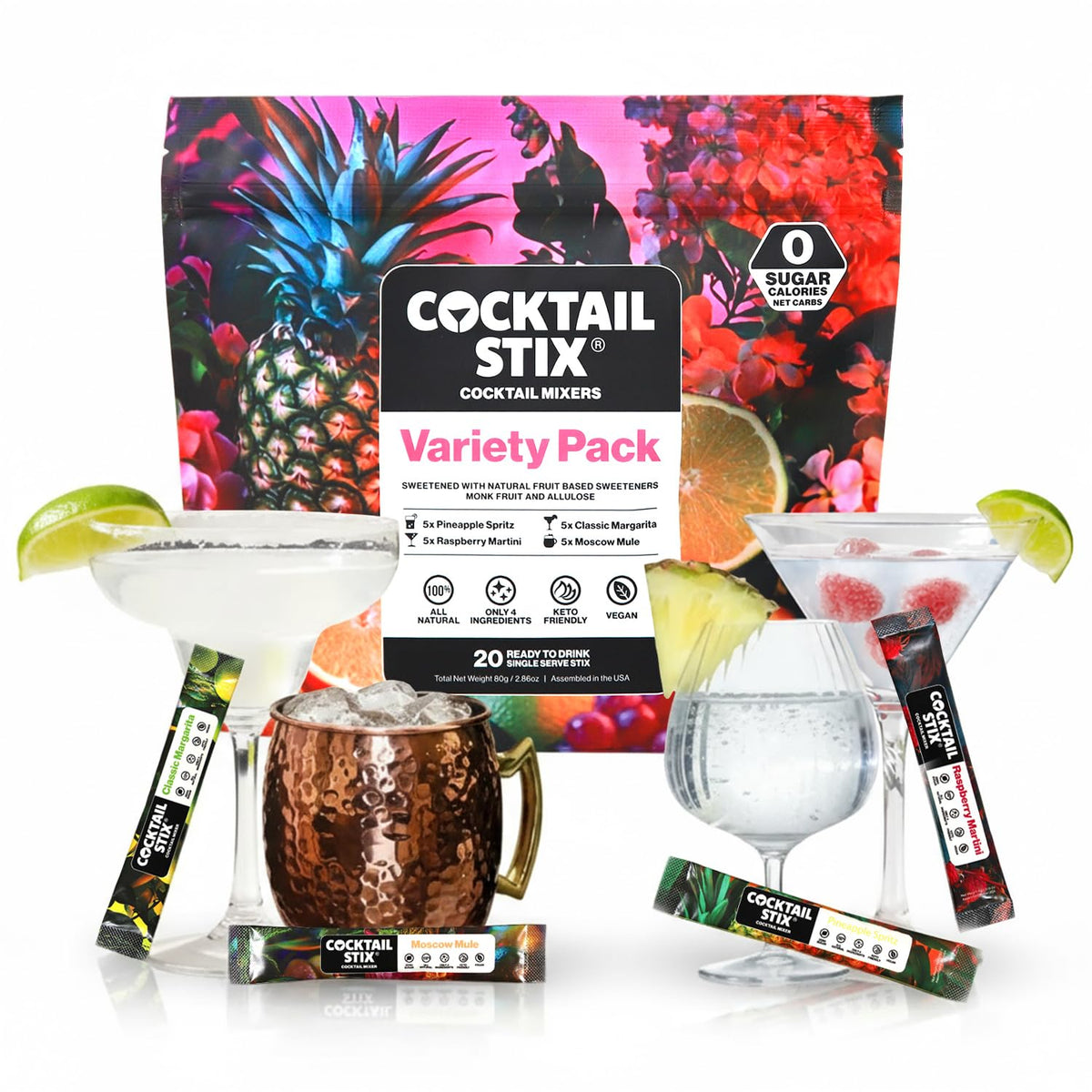 Cocktail Stix front packaging showing variety pack and benefits