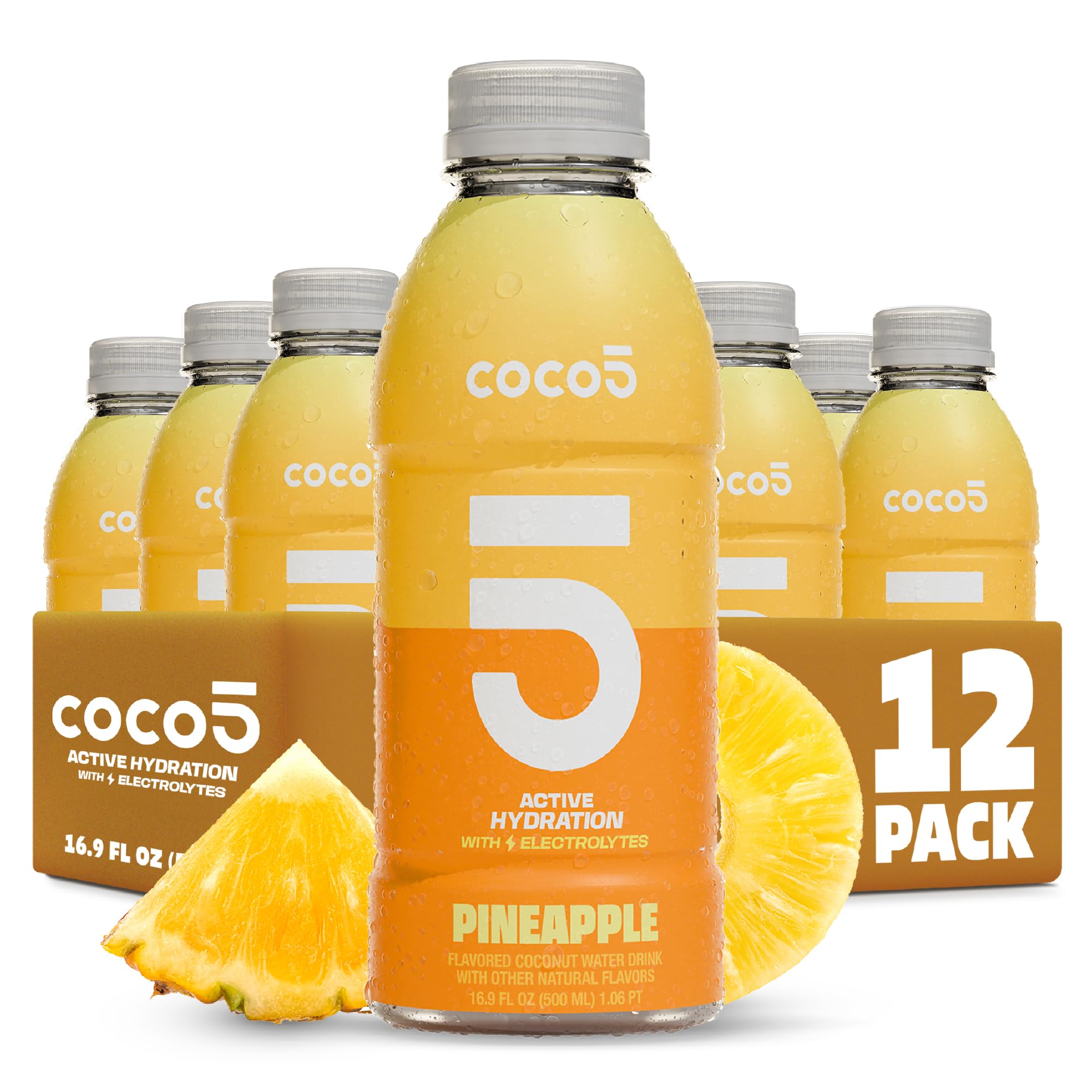 Coco5 front packaging showing pineapple coconut water and benefits