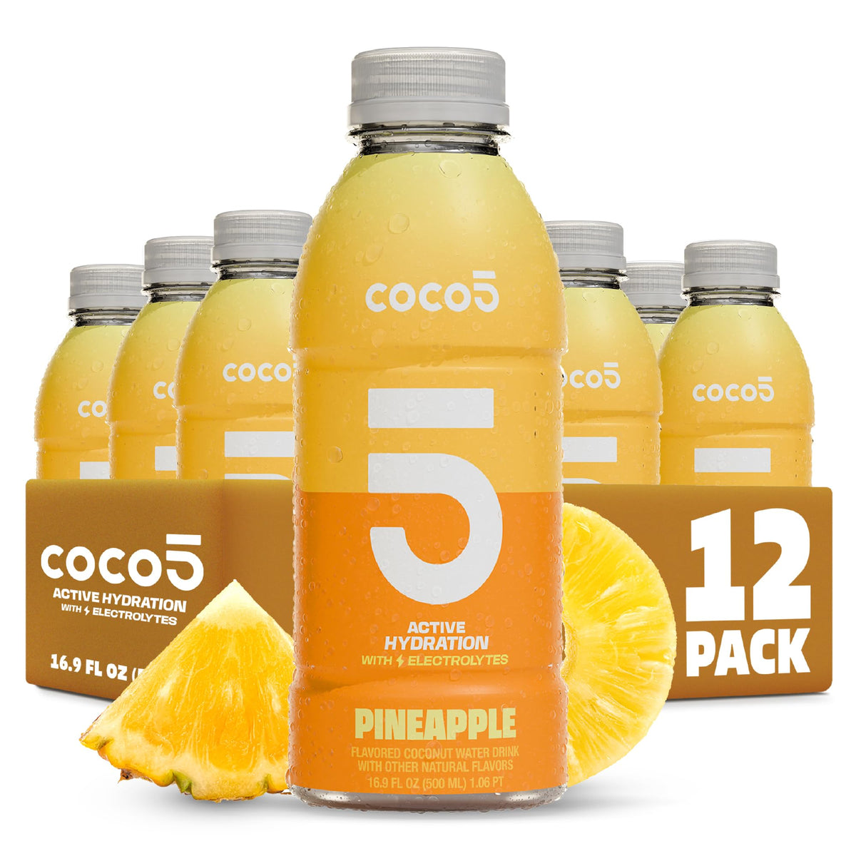 Coco5 front packaging showing pineapple coconut water and benefits