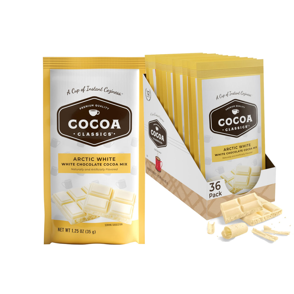 Cocoa Classics front packaging showing 36 single-serve packets and clear branding benefit convenience