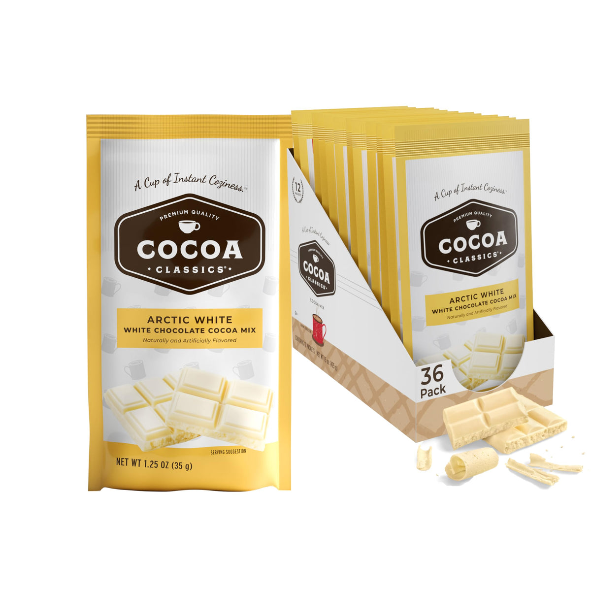 Cocoa Classics front packaging showing 36 single-serve packets and clear branding benefit convenience
