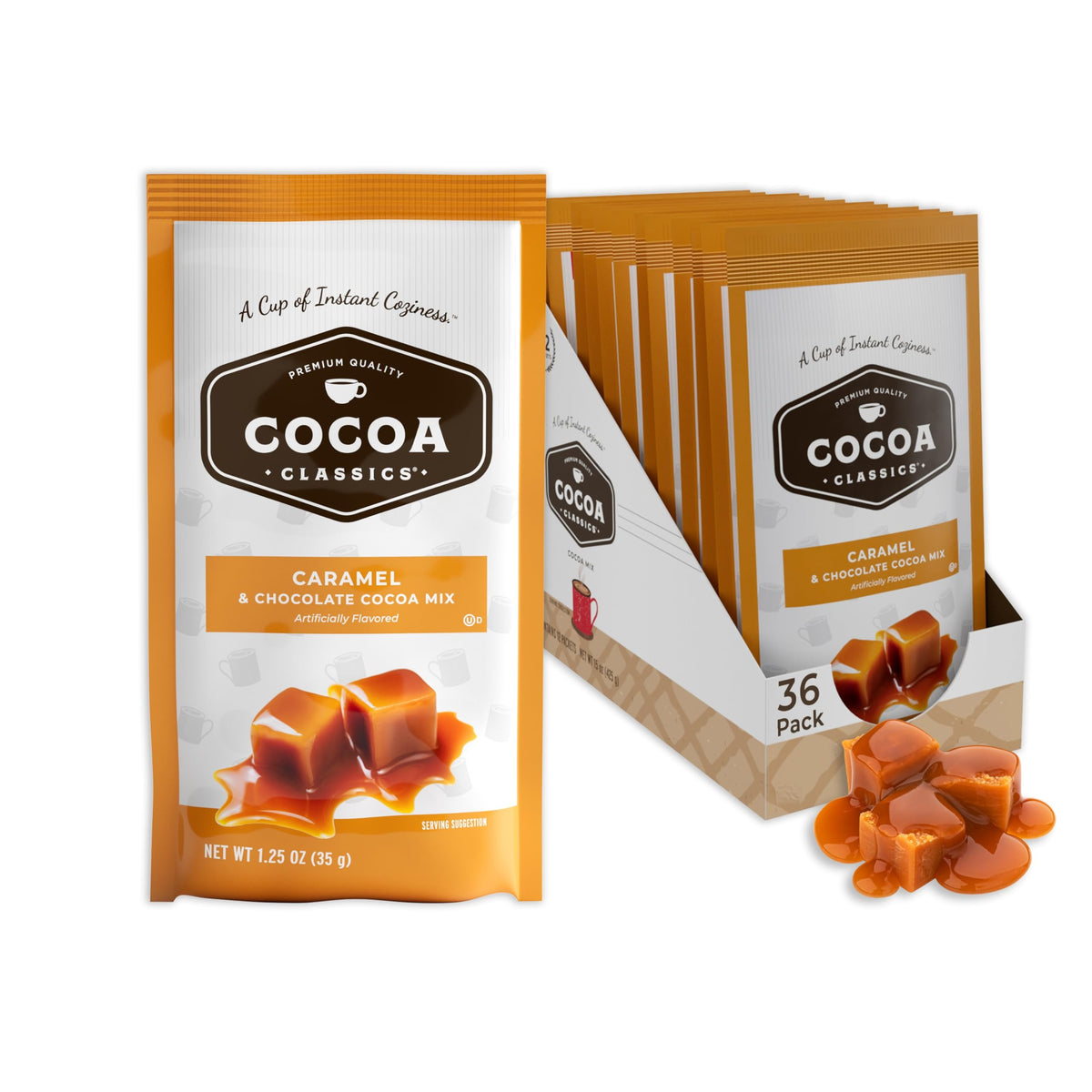 Cocoa Classics front packaging showing 36 packets and caramel cocoa appeal