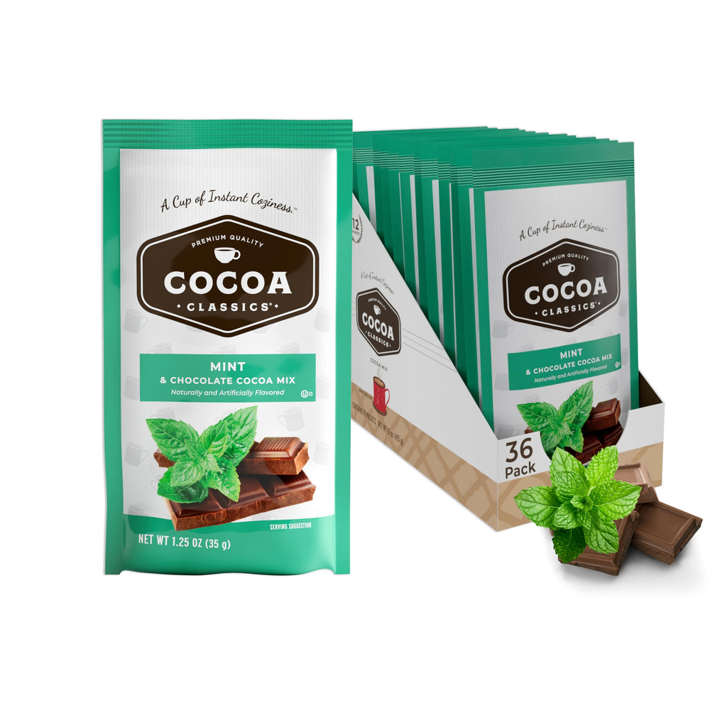 Cocoa Classics front packaging showing mint cocoa and 36 count benefit