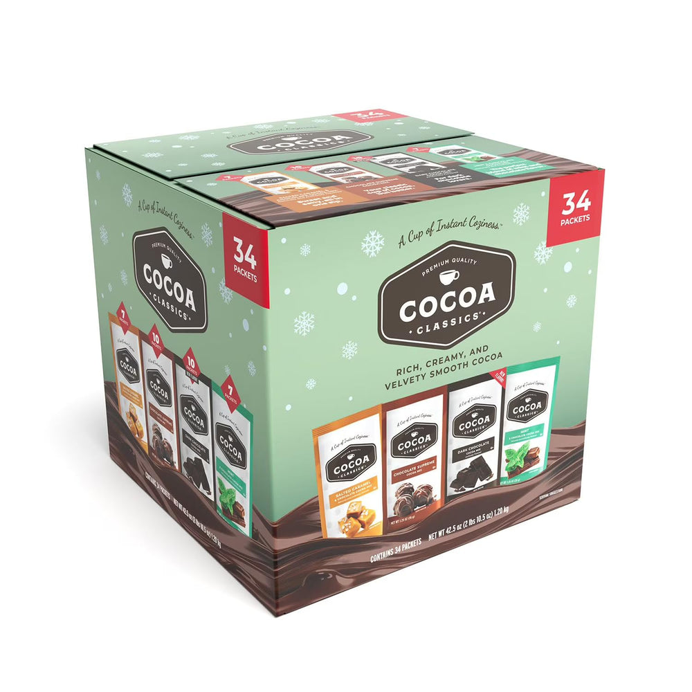 COCOA CLASSICS front packaging showing all four flavors and quantity