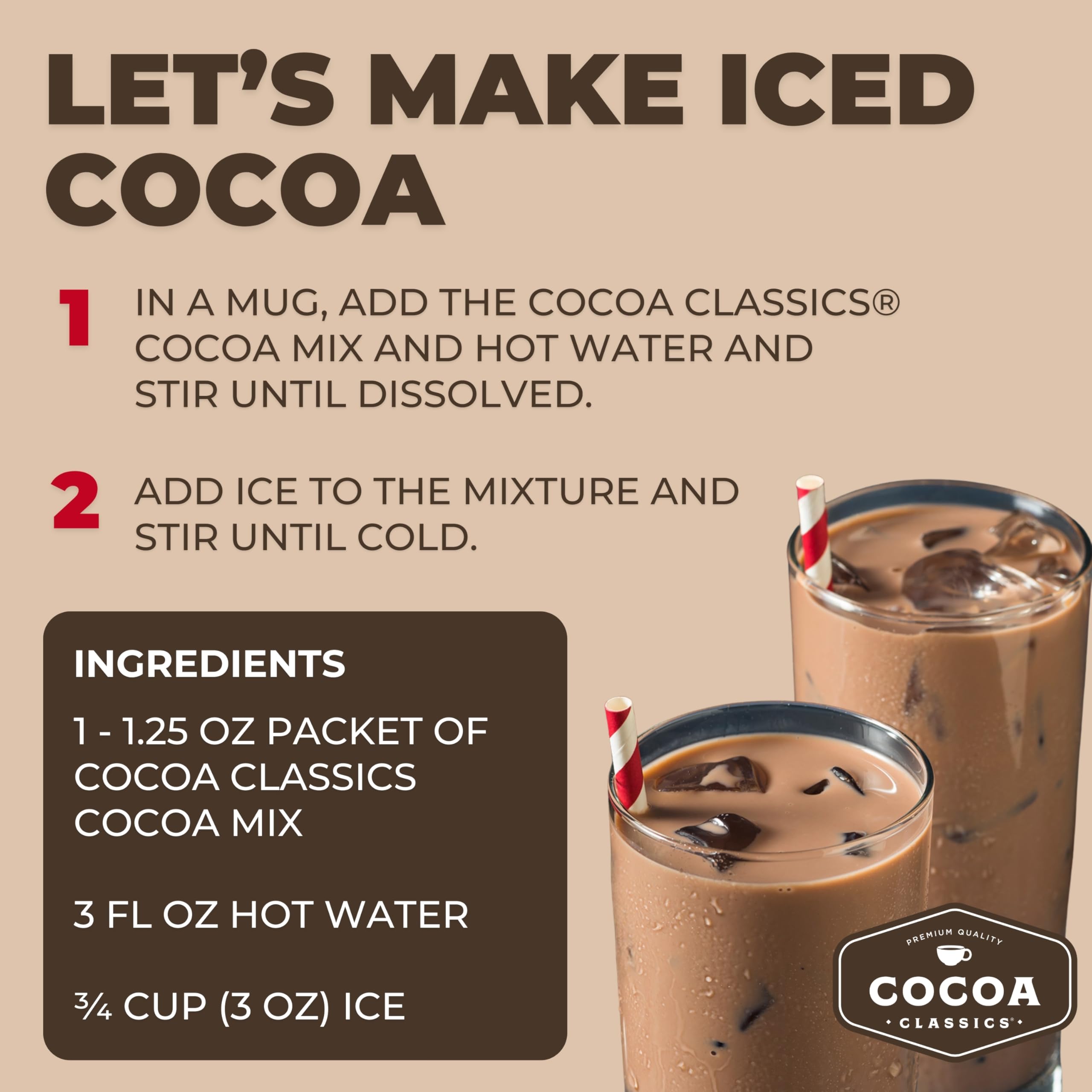 Close-up of a single Cocoa Classics packet ready to open for quick preparation and portability